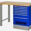 Bahco 1495KH7BLWB15TW Heavy Duty Low Height Wooden Top Workbench With 7 Drawer Blue Cabinet 1500mm Long -Home Tools Sale 1495KHWB15TW blue