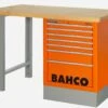 Bahco 1495KH8WB15TW Heavy Duty Low Height Wooden Top Workbench With 8 Drawer Orange Cabinet 1500mm Long -Home Tools Sale 1495KHWB15TW orange 1
