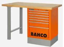 Bahco 1495KH8WB15TW Heavy Duty Low Height Wooden Top Workbench With 8 Drawer Orange Cabinet 1500mm Long